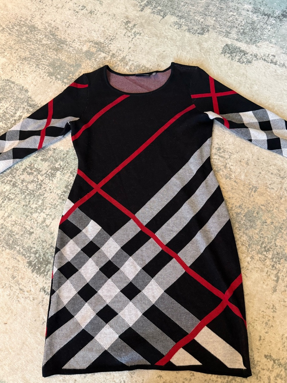 Nina Leonard Black, Red & Gray Modern Geometric Knit Dress, Size M